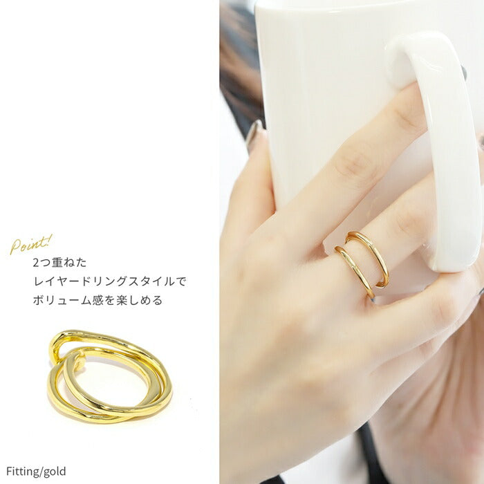 ring-45 リング 指輪 レディース アクセサリー シルバー ゴールド シンプル クロスリング ダブルフィンガーリング 2連 18k 18金 10号 12号 金属アレルギー 重ね付け 重ねづけ ファッションリング ゴールドリング シルバーリング ウェーブ 細い 凛