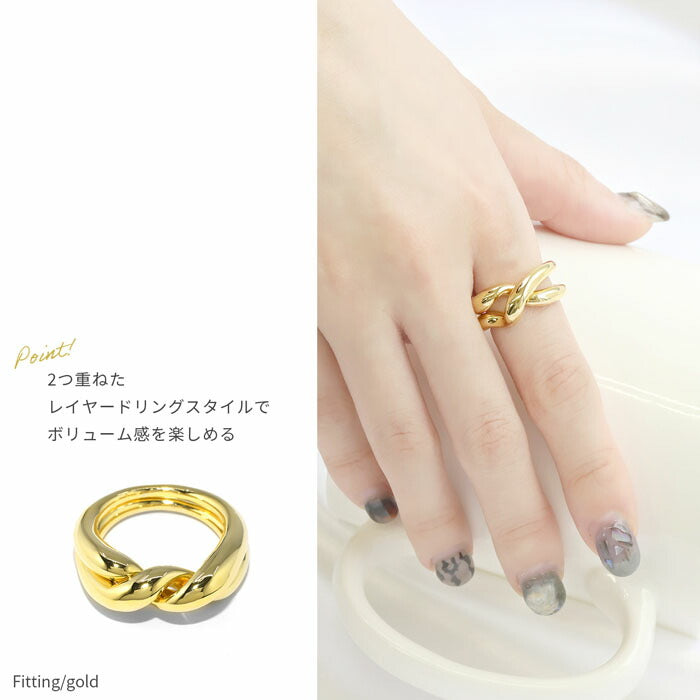 ring-46 リング 指輪 レディース アクセサリー シルバー ゴールド シンプル クロスリング ダブルフィンガーリング 2連 18k 18金 11号 13号 重ね付け 重ねづけ レイヤード ファッションリング ゴールドリング シルバーリング ウェーブ 細い 凛