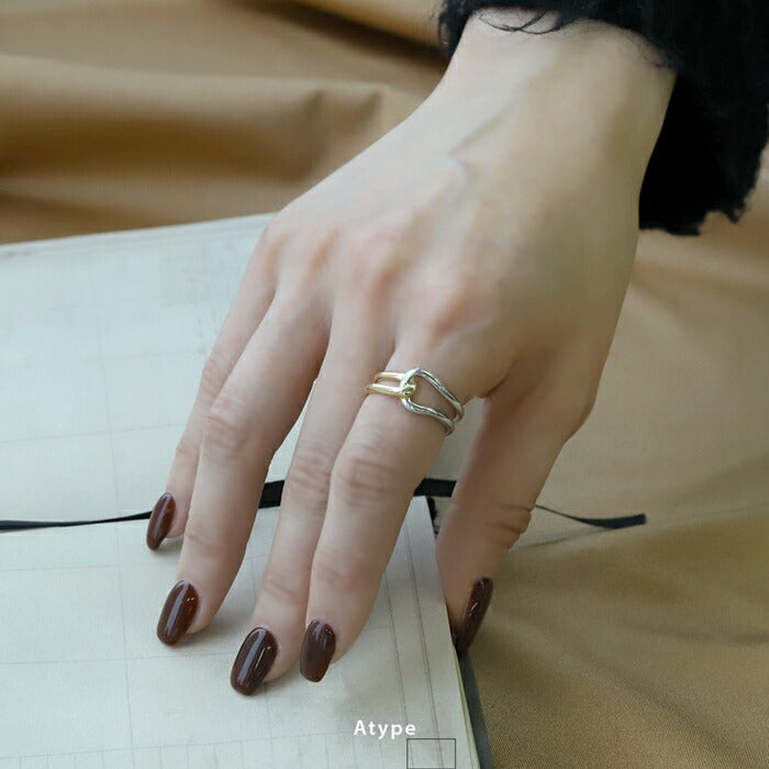ring-77 リング 指輪 ダブルラインリング レディース アクセサリー オープンリング バイカラー コンビカラー ミックスカラー シルバー ゴールド シンプル 14号 ファッションリング ゴールドリング シルバーリング 高見え 高みえ 凛