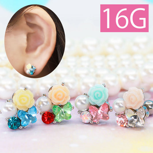 【廃盤】 【全品送料無料】 軟骨ピアス 16G ボディピアス かわいい キャッチ チャーム サージカルステンレス 金属アレルギー対応 バラ 薔薇 花 フラワー ジュエル キラキラ ストレートバーベル ファーストピアス セカンドピアス 軟骨 ピアス ボディーピアス