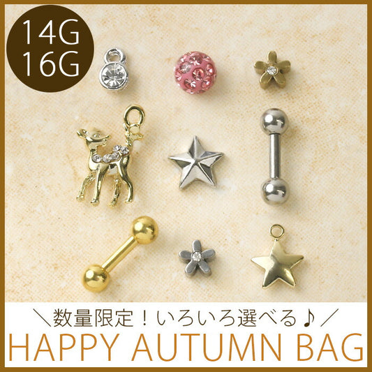 【廃盤】 ボディピアス 14G ボディピアス 16G ハッピーオータムバッグ ボディピアス 軟骨ピアス キャッチ チャーム バーベル シルバー ゴールド ジュエル 花 フラワー 星 スター リッチコーティングパヴェ 選べる 秋