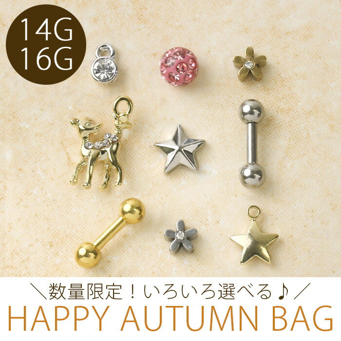 【廃盤】 ボディピアス 14G ボディピアス 16G ハッピーオータムバッグ ボディピアス 軟骨ピアス キャッチ チャーム バーベル シルバー ゴールド ジュエル 花 フラワー 星 スター リッチコーティングパヴェ 選べる 秋