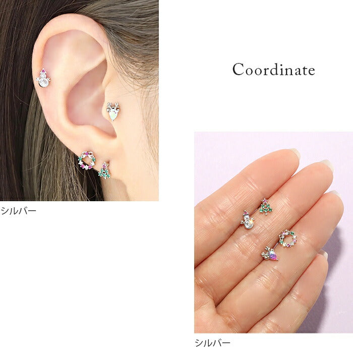 t1141-89 ボディピアス 軟骨ピアス 16G クリスマス ピアス 金属アレルギー サージカルステンレス ストレートバーベル シンプル レディース ステンレスピアス セカンドピアス つけっぱなしピアス シルバー ゴールド ピンクゴールド 雪だるま リース ツリー トナカイ  軟骨用 片耳用