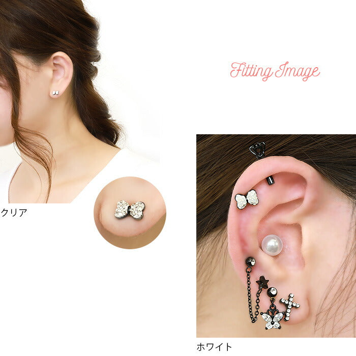 【廃盤】 軟骨ピアス かわいい 16G ボディピアス リボン クッションリボン ジュエルパヴェ 16ゲージ ピアス ストレートバーベル サージカルステンレス 耳 セカンドピアス