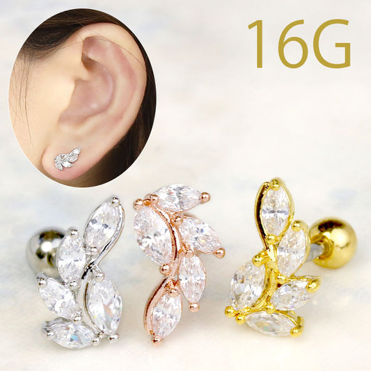 【廃盤】 軟骨ピアス 16G ボディピアス かわいい キャッチ チャーム サージカルステンレス 金属アレルギー対応  ジュエル 葉 リーフ 植物  ストレートバーベル シルバー ゴールド ピンクゴールド セカンドピアス  メンズ 軟骨 ピアス ボディーピアス