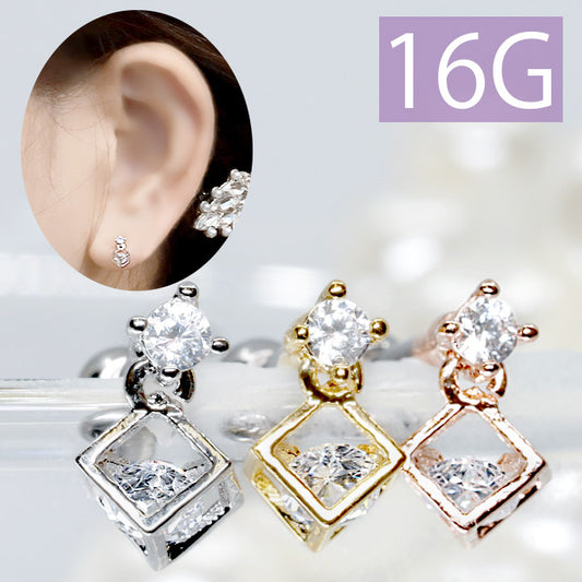 【廃盤】 【全品送料無料】 軟骨ピアス 16G ボディピアス かわいい キャッチ チャーム サージカルステンレス 金属アレルギー対応 キューブ ジュエル おしゃれ キラキラ チャーム付 ストレートバーベル セカンドピアス メンズ 軟骨 ピアス ボディーピアス
