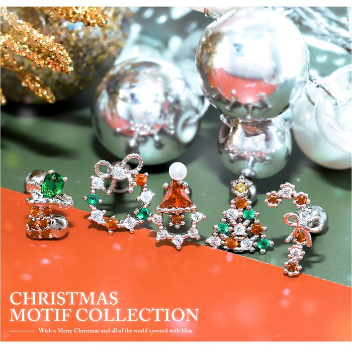 t9192-052　ボディピアス 16G クリスマス サンタクロース ツリー サンタ お菓子 長靴 ジュエル パール キャッチ チャーム サージカルステンレス 金属アレルギー対応 シルバー レッド グリーン 軟骨ピアス レディース メンズ ボディーピアス 片耳用 凛 RIN