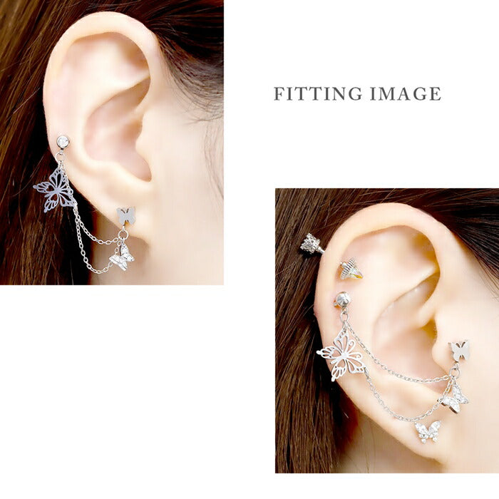 【全品送料無料】 ボディピアス 16G 軟骨ピアス 蝶々 バタフライ チェーン ジュエル シルバー 揺れる 二連 サージカルステンレス 金属アレルギー対応 かわいい 可愛い レディース 軟骨用 耳 片耳用 耳たぶ